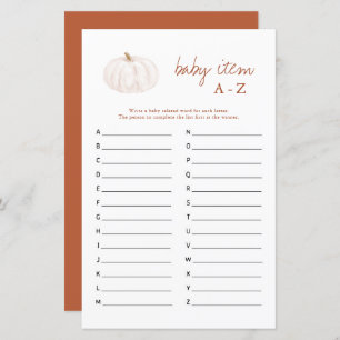 Boho Fall Pumpkin Baby Item A-Z Baby Shower Game
