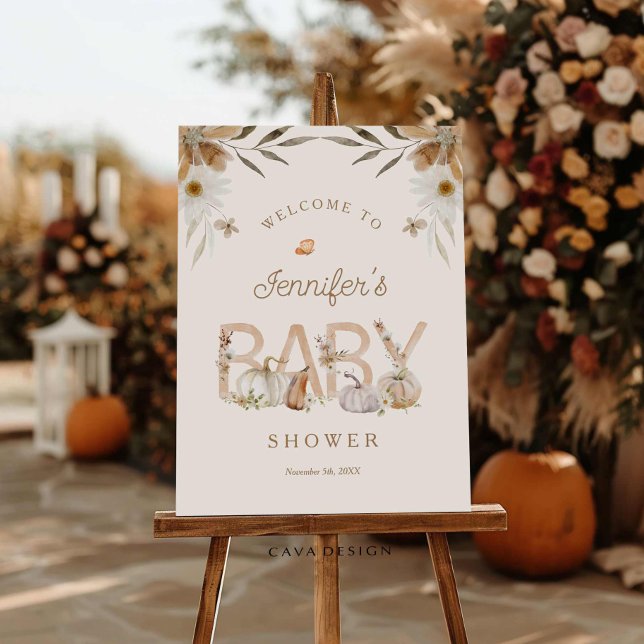 Boho Fall Pumpkin Baby Shower Welcome Foam Board (Rustic Pumpkin Gender Neutral Baby Shower Welcome sign)