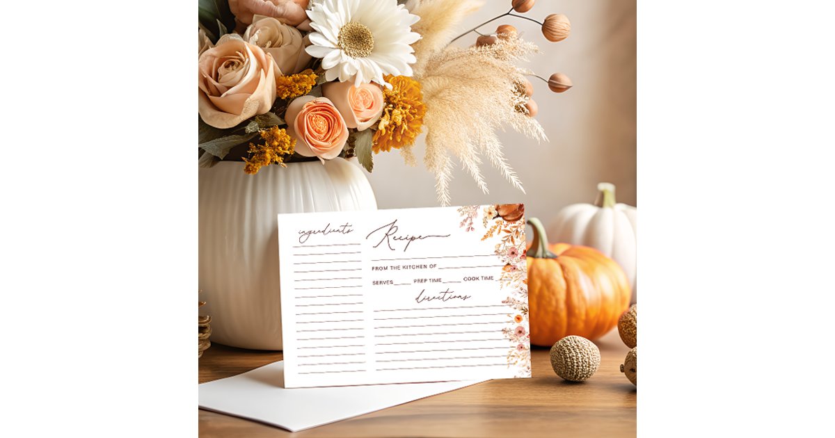 Boho fall Pumpkin Bridal Shower Recipe Card | Zazzle