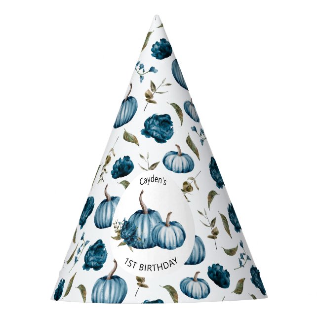 Boho Fall Pumpkin Floral Blue Birthday Party Hat (Front)