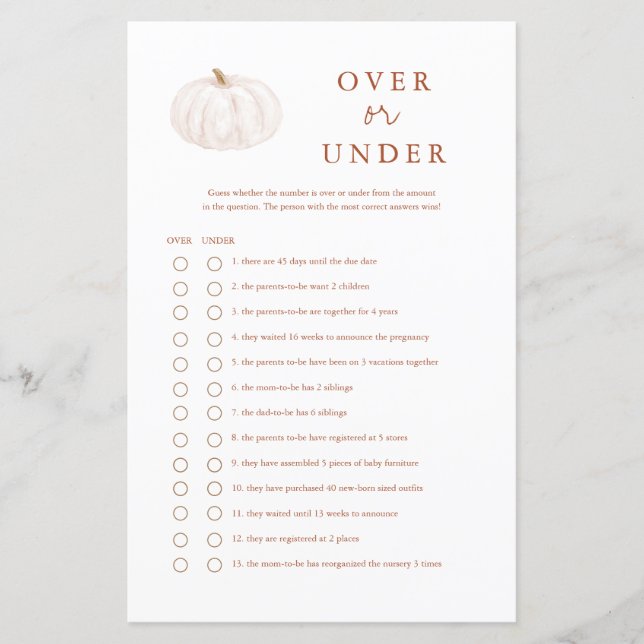 Boho Fall Pumpkin Over Or Under Baby Shower Games (Front)