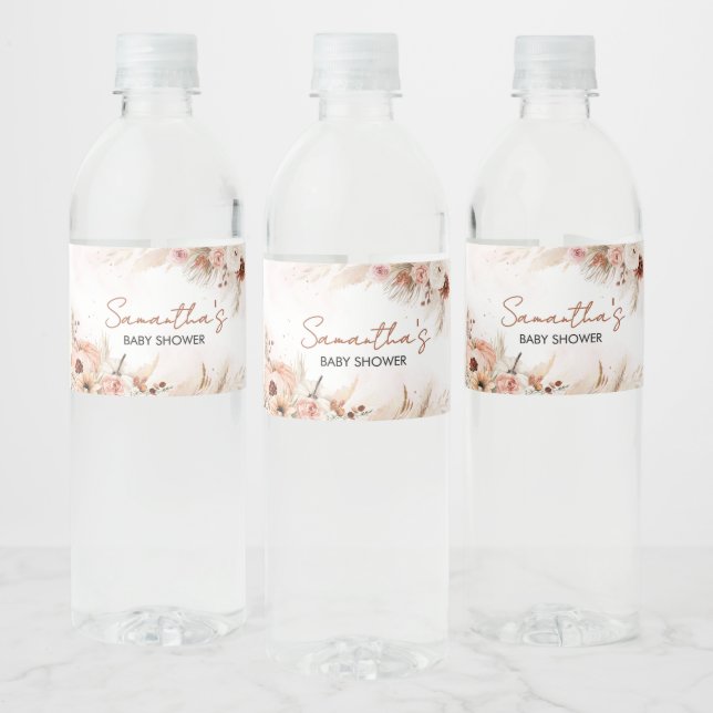 Boho Fall Pumpkin Pampas Grass Baby Shower Water Bottle Label (Bottles)