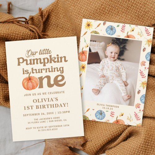 Boho Fall Pumpkin Photo 1st Birthday Invitation