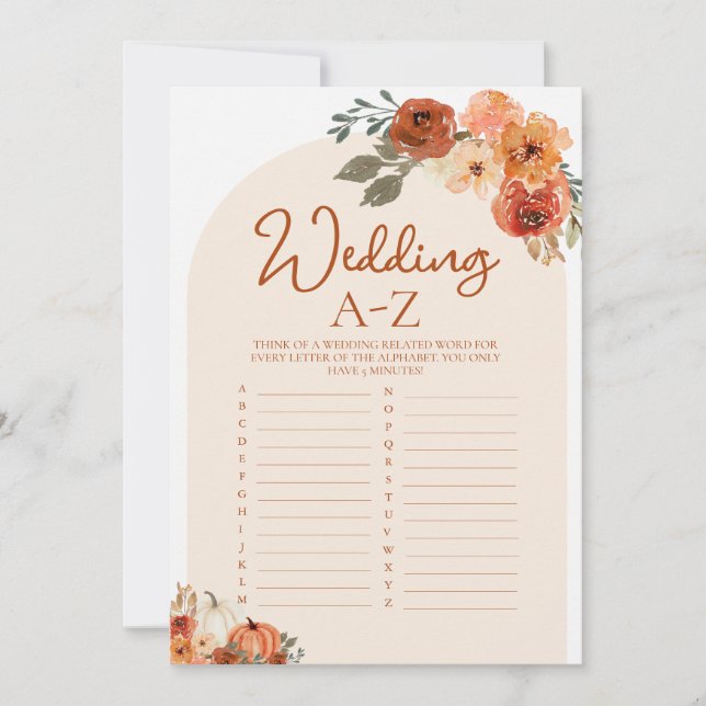 Boho Fall Pumpkin Wedding A-Z Bridal Shower Game Invitation (Front)