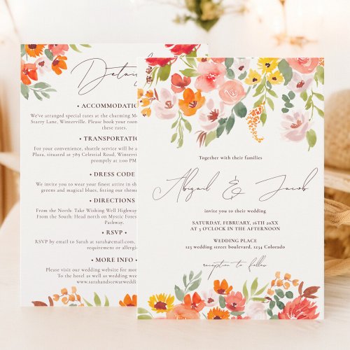 Boho fall rustic floral all in one wedding invitation