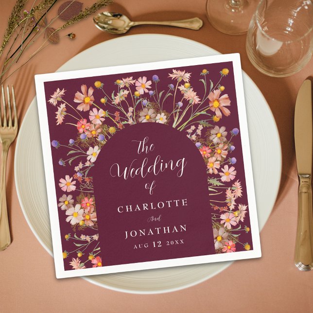 Boho Fall Rustic Floral Arch Burgundy Wedding Napkins (Boho fall rustic wildflower floral arch burgundy wedding custom paper napkins Elegant script )
