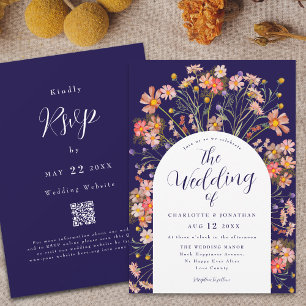 Boho Fall Rustic Floral Arch Navy Blue Wedding Invitation