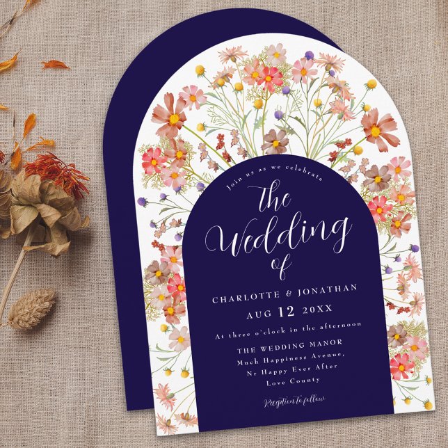 Boho Fall Rustic Floral Arch Navy Blue Wedding Invitation (Boho fall rustic wildflower floral arch navy blue and white wedding invitation with elegant script)