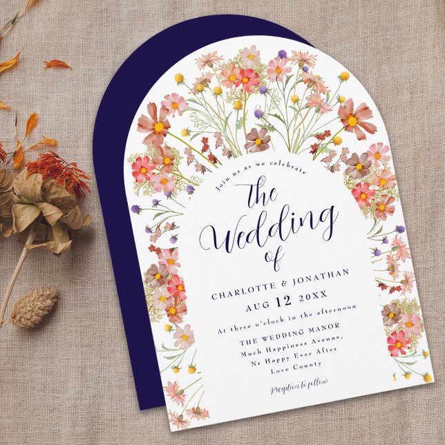 Boho Fall Rustic Floral Arch Navy Blue Wedding Invitation (Boho fall rustic wildflower floral arch navy blue and white wedding invitation watercolor flowers)