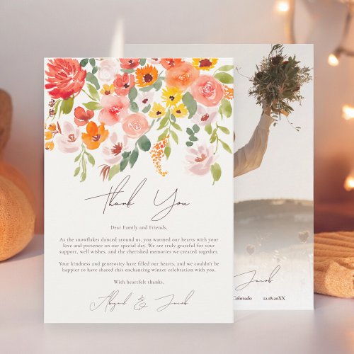 Boho fall rustic floral photo wedding thank you card