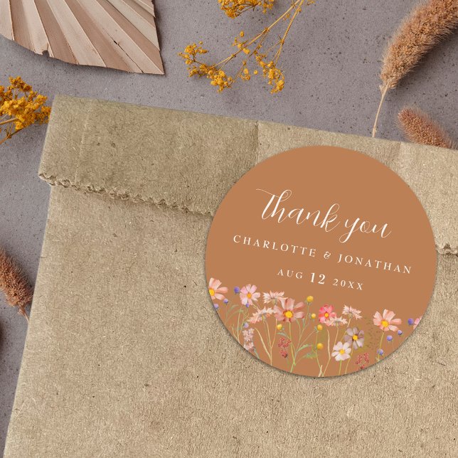 Boho Fall Rustic Floral Wedding Classic Round Sticker (Terracotta burnt orange Boho fall Wildflower custom Wedding thank you favor stickers)