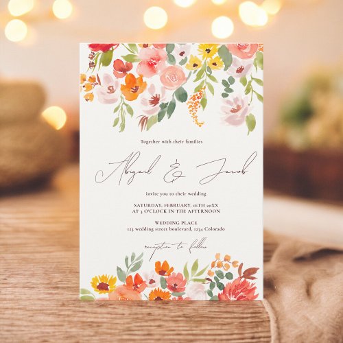 Boho fall rustic hand painted floral wedding invitation