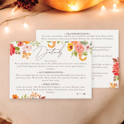 Boho fall rustic painted floral wedding details enclosure card