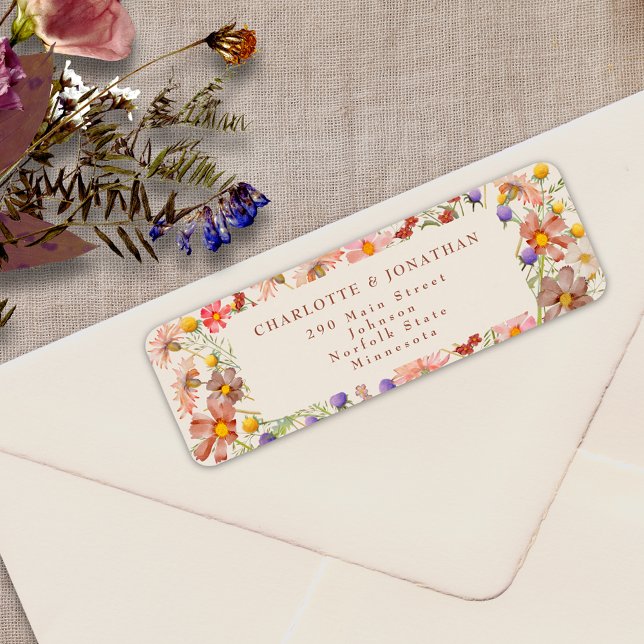 Boho Fall Rustic Wildflower Floral Wedding Label (Boho fall rustic wildflower floral burnt Orange terracotta beige wedding return address label )