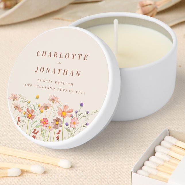 Boho Fall Rustic Wildflower Floral Wedding Mini Candle Favors (Boho fall rustic wildflower meadow floral beige burnt orange wedding custom candle favor)