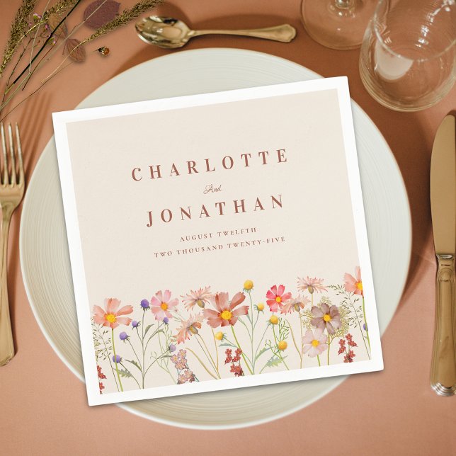 Boho Fall Rustic Wildflower Floral Wedding Napkins (Boho fall rustic Wildflower Floral beige and burnt orange Wedding custom napkins Watercolor flowers)