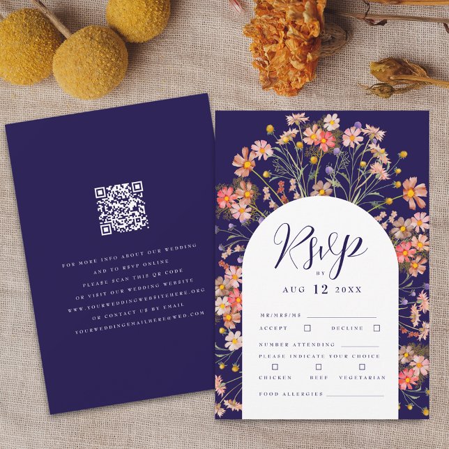 Boho Fall Rustic Wildflower QR Code Wedding RSVP Card (Boho fall rustic wildflowers floral arch navy blue and white wedding qr code rsvp card)