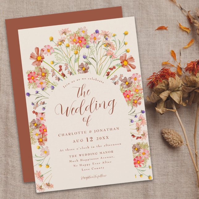Boho Fall Rustic Wildflowers Floral Arch Wedding Invitation (Boho fall rustic wildflower floral arch terracotta burnt orange and beige wedding invitation Elegant)
