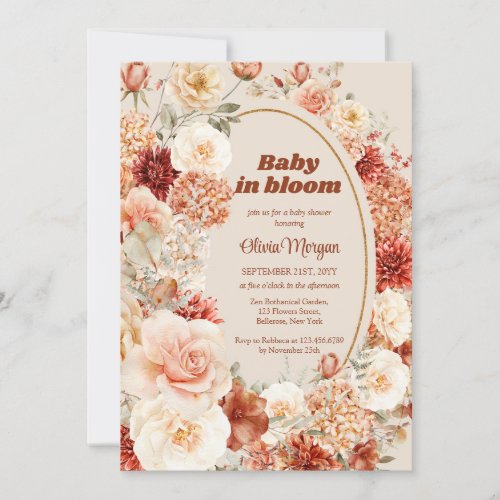 Boho fall terracotta burgundy floral groovy Baby Invitation