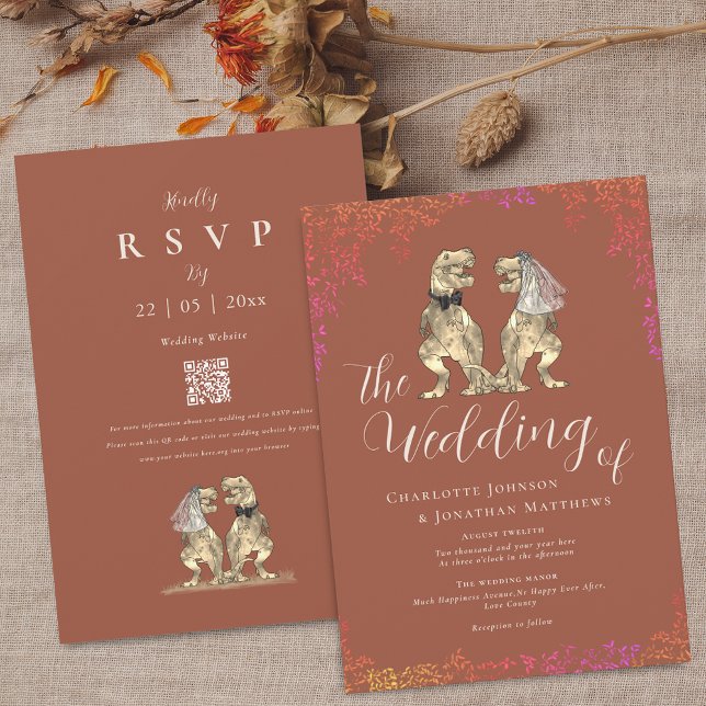 Boho fall Terracotta Dinosaur Wedding QR Code Invitation (Boho fall terracotta burnt orange dinosaur theme wedding QR code invitation)