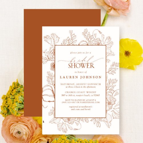 Boho Fall Terracotta Floral Line Art Bridal Shower Invitation