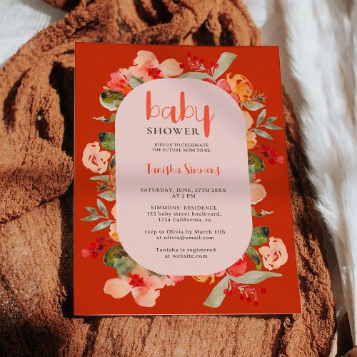 Boho fall terracotta floral script baby shower invitation