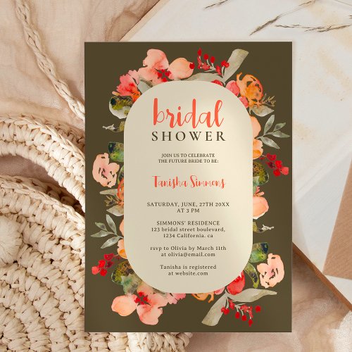 Boho fall terracotta floral script bridal shower invitation