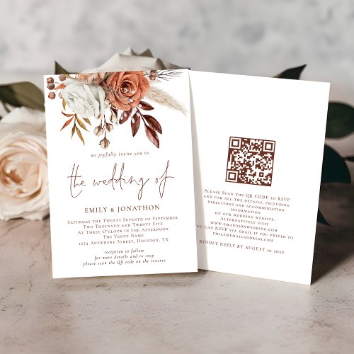 Boho Fall Terracotta Florals QR Code Wedding Invitation