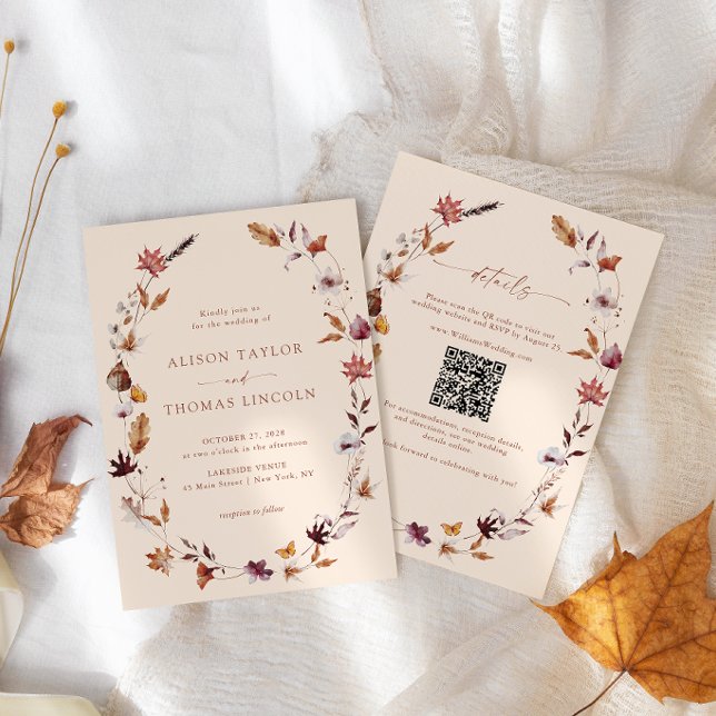 Boho Fall Terracotta Leaves Wreath QR Code Wedding Invitation (Creator Uploaded)