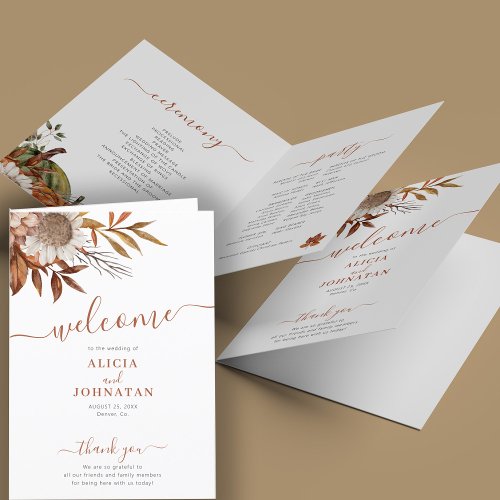 Boho fall watercolor floral terracotta wedding program