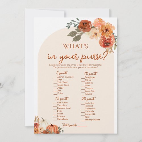 Boho Fall Whats In Your Purse Bridal Shower Game Invitation