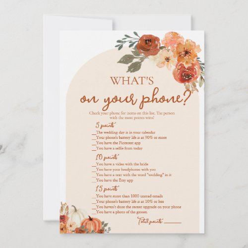 Boho Fall Whats On Your Phone Bridal Shower Game Invitation