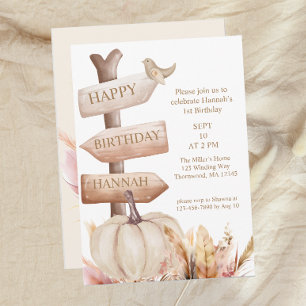 Boho Fall White Pumpkin Girls First Birthday Invitation