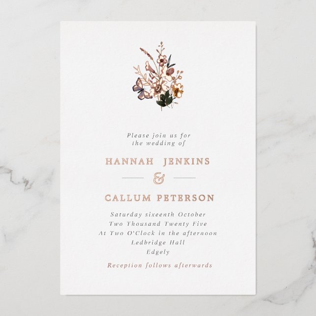 Boho Fall Wild Flowers Wedding Rose Foil Invitation (Front)