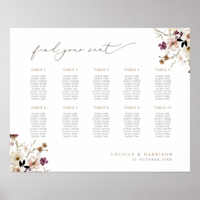 Boho Fall Wild Flowers Wedding Seating Plan Poster (Front)