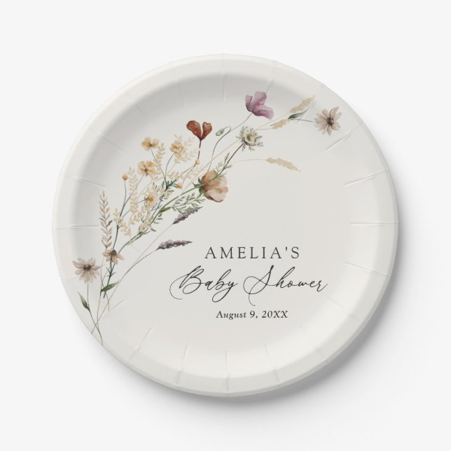 Boho Fall Wildflower Baby Shower Paper Plates (Front)