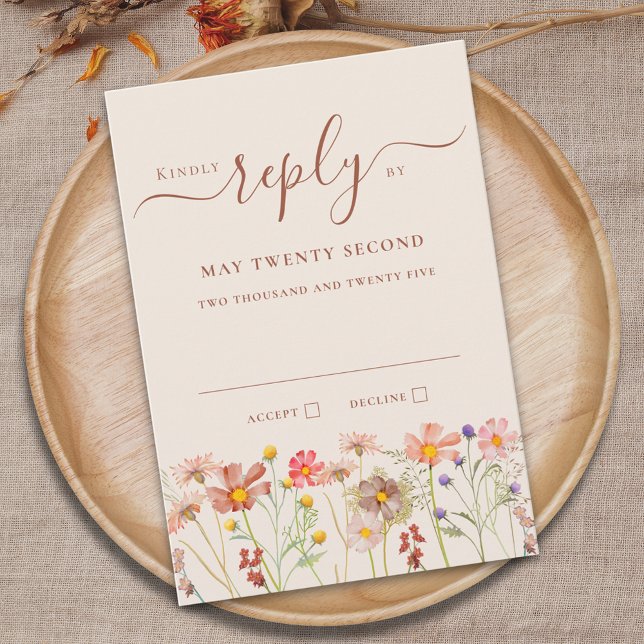 Boho Fall Wildflower Beige Terracotta Rust Wedding RSVP Card (Boho fall Wildflower meadow beige terracotta rust floral Wedding RSVP Card Elegant script)
