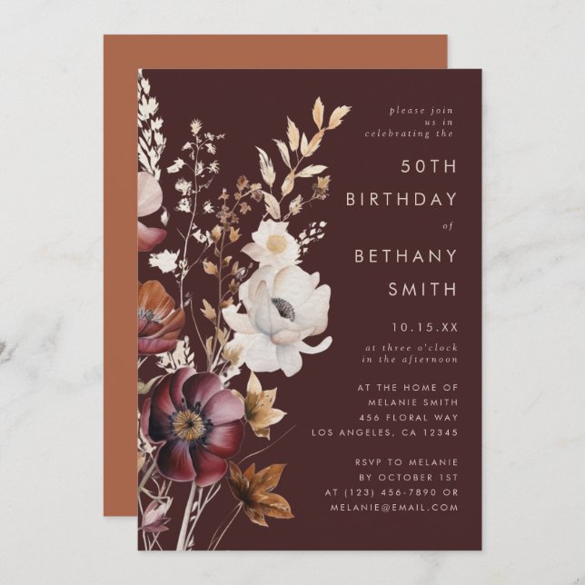 Boho Fall Wildflower Brown Birthday Party Invitation (Front/Back)