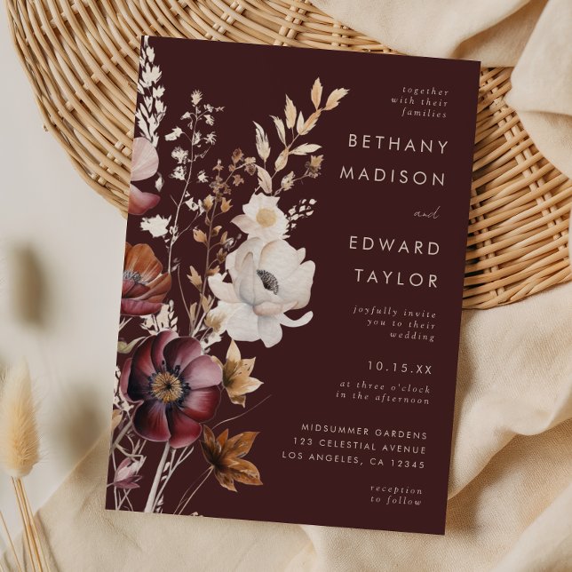 Boho Fall Wildflower Brown Wedding Invitation (Creator Uploaded)