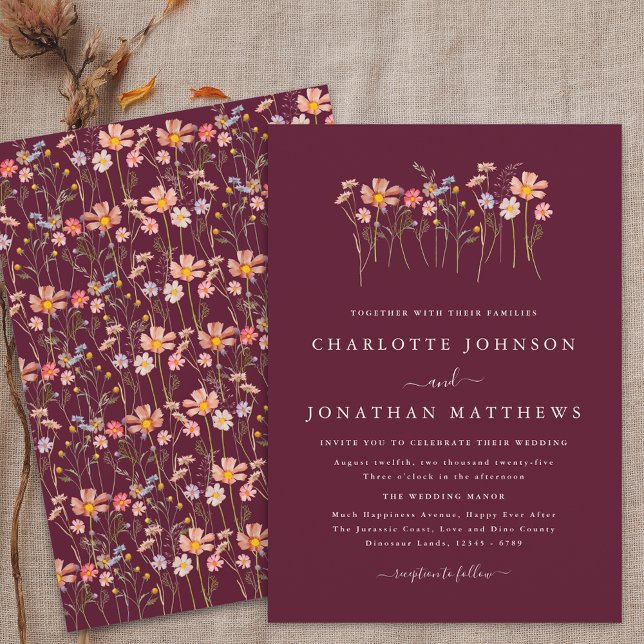 Boho Fall Wildflower Burgundy & Terracotta Wedding Invitation (Boho fall wildflower burgundy terracotta wedding invitation watercolor floral modern elegant script )