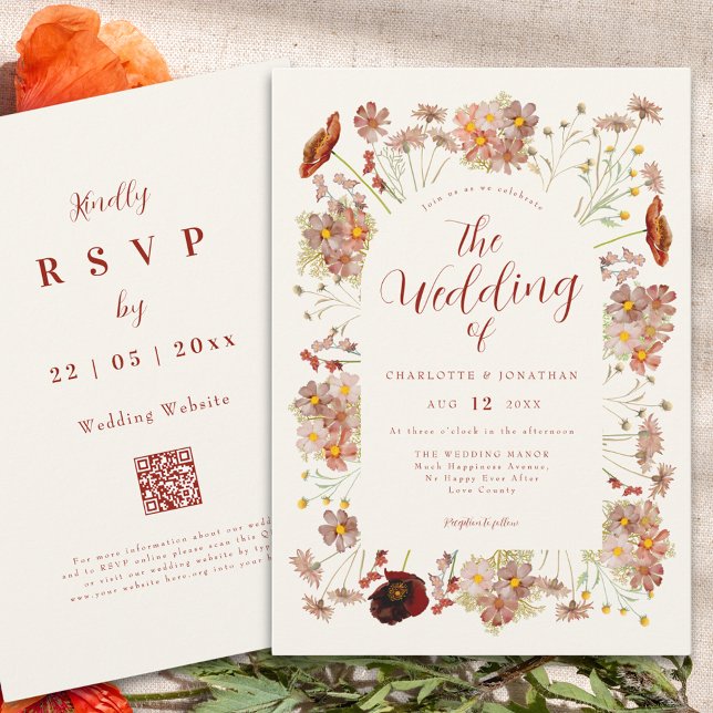 Boho Fall Wildflower Burnt Orange Wedding Invitation (Boho wildflower elegant fall wedding qr code invitation in earthy tones)