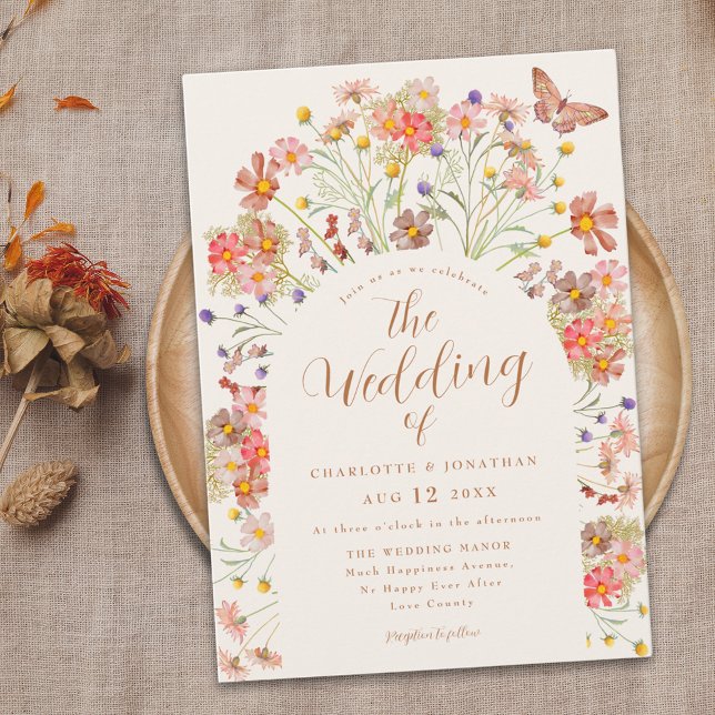 Boho Fall Wildflower Butterfly Floral Wedding Invitation (Boho fall Wildflower butterfly floral Wedding invitation Terracotta ivory cream beige burnt orange)