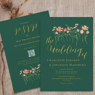 Boho Fall Wildflower Dark Green Gold Rust QR Code Invitation