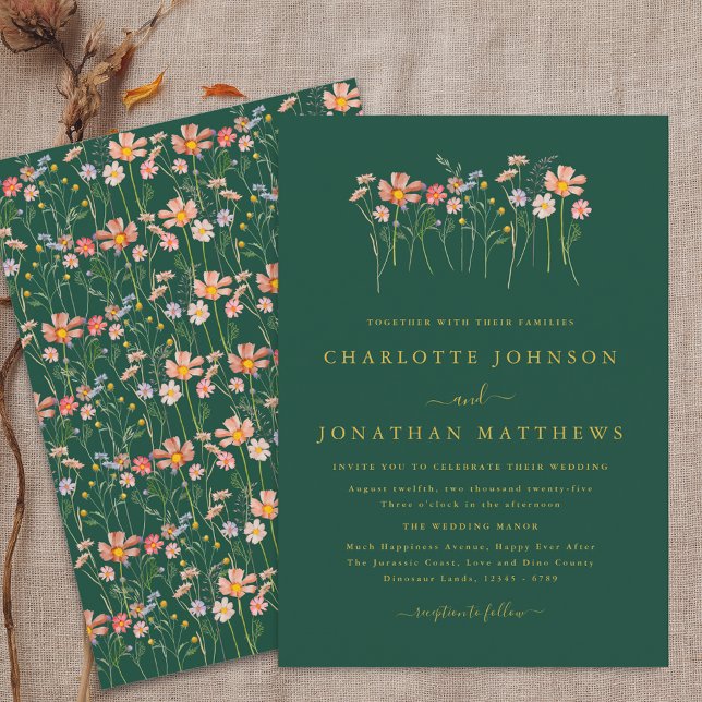 Boho Fall Wildflower Dark green & Gold Wedding Invitation (Boho fall Wildflower floral green & gold Wedding invitation Watercolor garden meadow elegant modern)