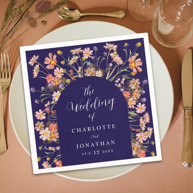 Boho Fall Wildflower Floral Arch Navy Blue Wedding Napkins (Boho fall rustic wildflower arch navy blue burnt orange and white wedding custom paper napkins)
