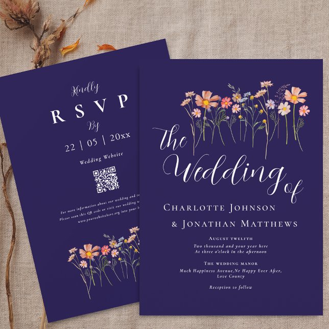 Boho Fall Wildflower Floral Navy Blue QR Code Invitation (Boho fall Wildflower meadow navy blue terracotta white Wedding qr code invitation watercolor florals)