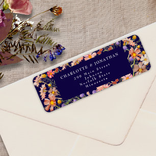 Boho Fall Wildflower Floral Navy Blue Wedding Label