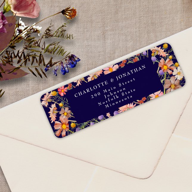 Boho Fall Wildflower Floral Navy Blue Wedding Label (Boho fall rustic wildflower floral navy blue and burnt orange wedding return address label sticker)