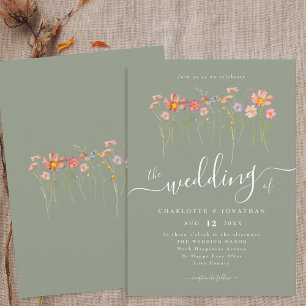 Boho Fall Wildflower Floral Sage Green Wedding Invitation