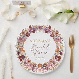 Boho Fall Wildflower Garden Wreath Bridal Shower Paper Plates